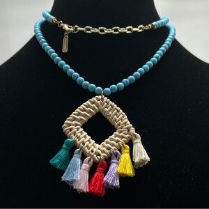 Sugarfix, Blue Beaded Necklace With Tasseled Straw Pendant